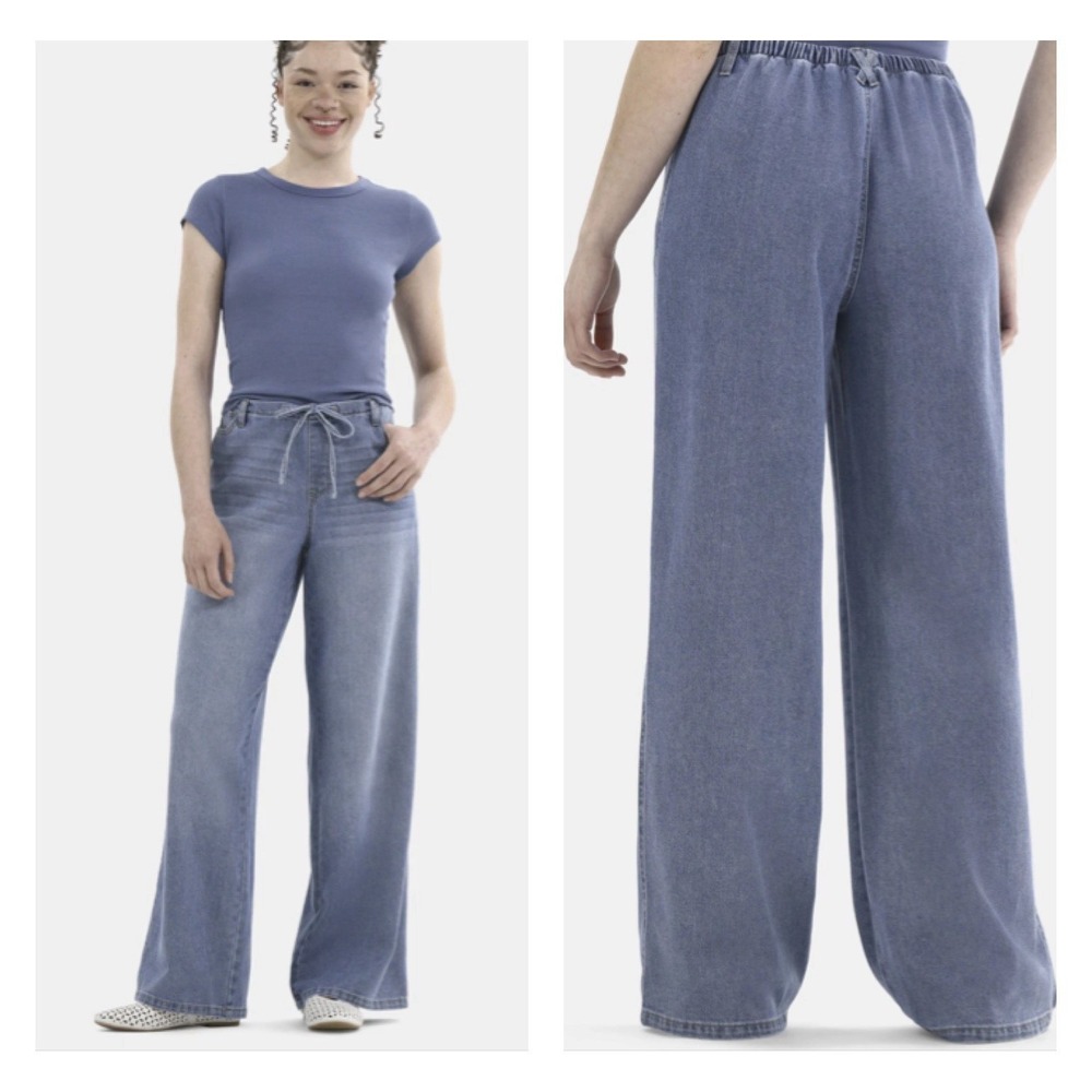 No Boundaries Mini Waistband Wide Leg Pants Women's XXL /20 Drawstring Med Wash